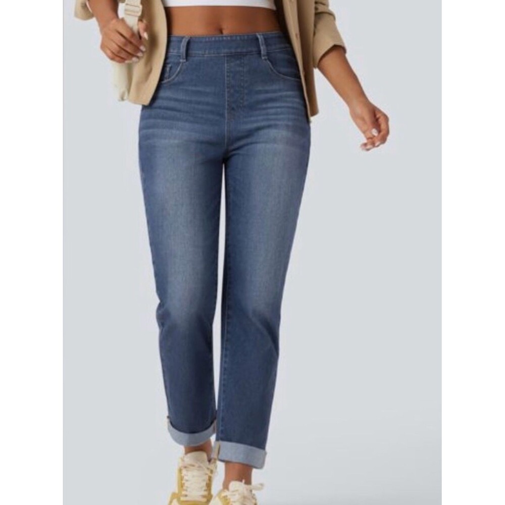 NEW Halara Flex High Waisted Jeans Womens L Large Rolled Hem Casual Slim Pockets